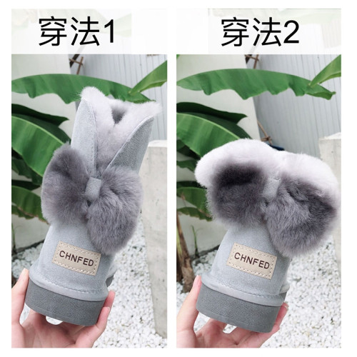 2025冬新款羊皮毛一體雪地靴女中短筒防滑保暖毛絨蝴蝶結繙毛短靴