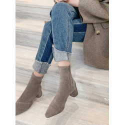 2025秋冬新款韓國仙女尖頭中跟瘦瘦靴小衆溫柔馬丁靴彈力高跟短靴