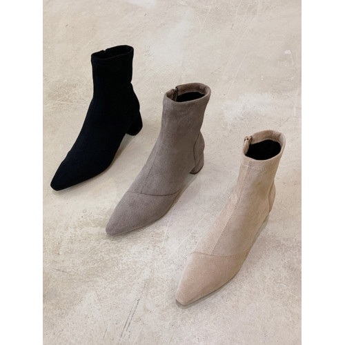 2025秋冬新款韓國仙女尖頭中跟瘦瘦靴小衆溫柔馬丁靴彈力高跟短靴