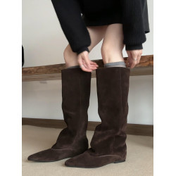 小衆復古風簡約慵懶風尖頭菸筒西部靴女時髦個性內增高顯瘦騎士靴