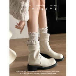 牛皮版~法式白色短靴女2025年新款厚底粗跟騎士靴圓頭中筒瘦瘦靴