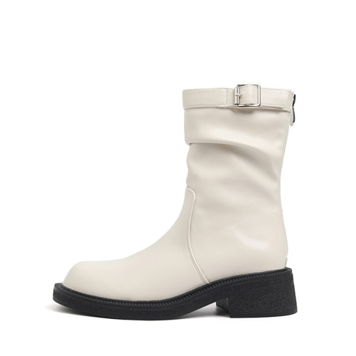 牛皮版~法式白色短靴女2025年新款厚底粗跟騎士靴圓頭中筒瘦瘦靴