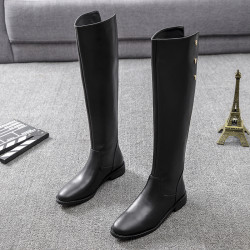 歐洲站2025秋冬真皮長靴鉚釘粗跟後拉鍊高筒靴圓頭新款騎士靴女