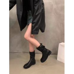 粗跟復古中筒靴騎士靴女鞋2026新款秋冬季加絨堆堆小短靴馬丁靴子