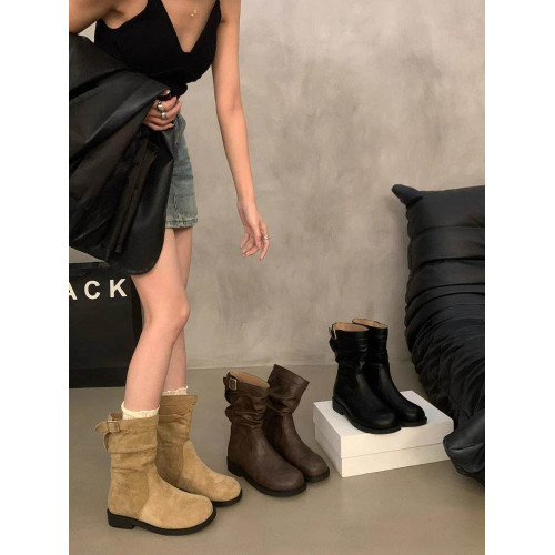 粗跟復古中筒靴騎士靴女鞋2026新款秋冬季加絨堆堆小短靴馬丁靴子