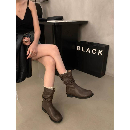 粗跟復古中筒靴騎士靴女鞋2026新款秋冬季加絨堆堆小短靴馬丁靴子