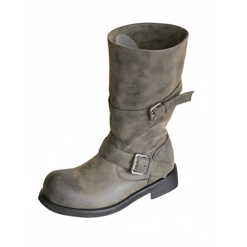 韓國小衆皮帶釦短靴2026冬季新款廢土風圓頭粗跟復古百搭馬丁靴女