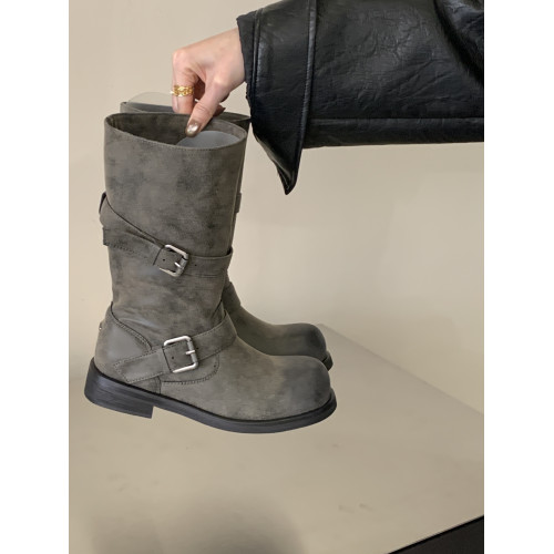 韓國小衆皮帶釦短靴2026冬季新款廢土風圓頭粗跟復古百搭馬丁靴女