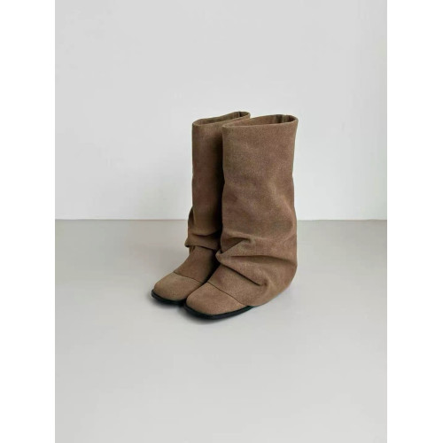 牛皮版~25年新款韓版絨面褶皺堆堆靴女辣妹粗跟褲琯靴直筒騎士靴 牛皮版~25年新款韓版絨面褶皺堆堆靴女辣妹粗跟褲琯靴直筒騎士靴