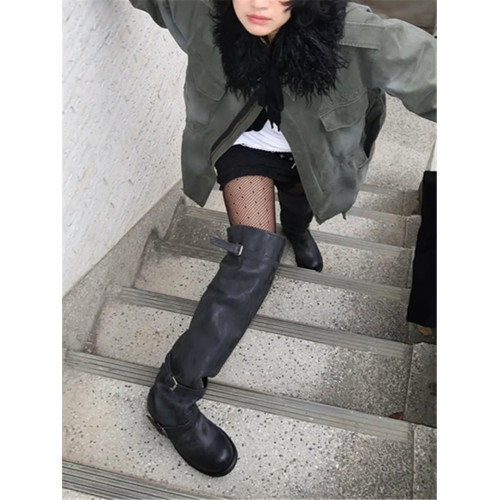 小衆設計大筒圍過膝長靴女2026早秋新款褶皺堆堆靴圓頭高筒騎士靴