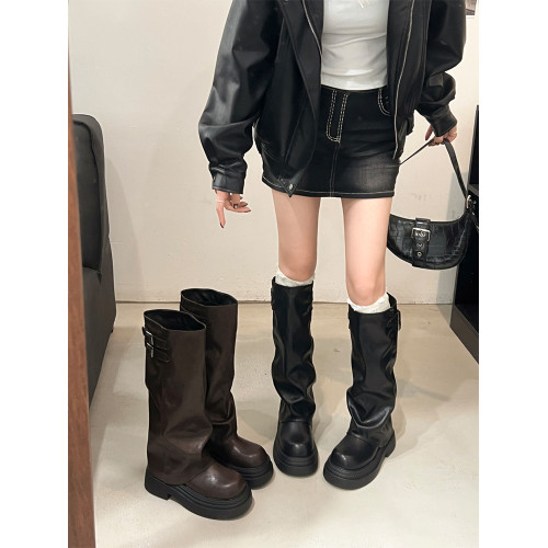 厚底增高褲琯長筒靴女2025春秋新款百搭不過膝堆堆長靴高筒騎士靴