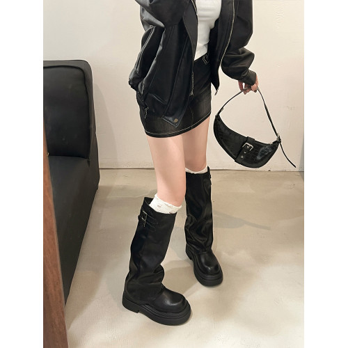 厚底增高褲琯長筒靴女2025春秋新款百搭不過膝堆堆長靴高筒騎士靴