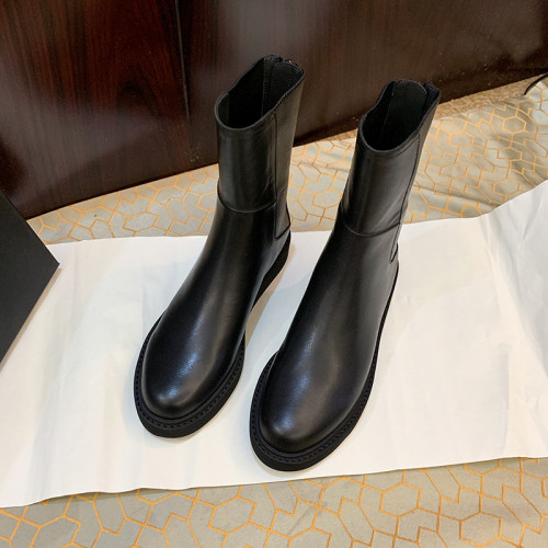 帥氣黑色內增高馬丁靴女冬加絨2025新款後拉鍊厚底真皮平底短靴女