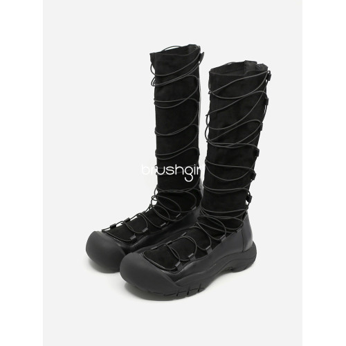 BRUSHGIRL東大門韓國小衆交叉綁帶機能辣妹彈力瘦瘦靴顯瘦中筒靴