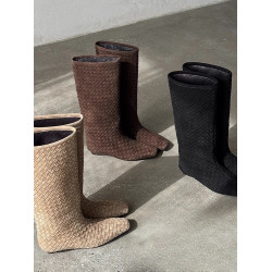 羊皮版~秋冬新款復古編織方頭坡跟高筒騎士靴時尚氣質套筒長靴女