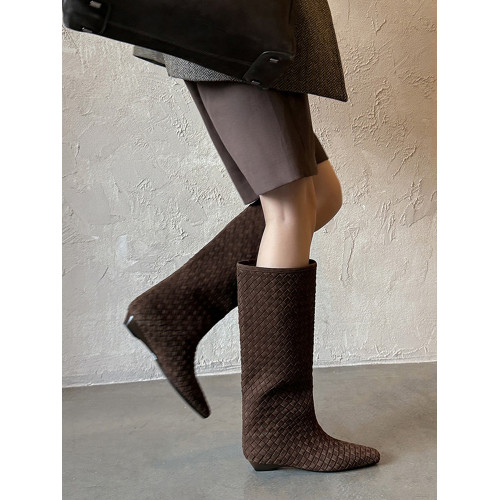 羊皮版~秋冬新款復古編織方頭坡跟高筒騎士靴時尚氣質套筒長靴女 羊皮版~秋冬新款復古編織方頭坡跟高筒騎士靴時尚氣質套筒長靴女