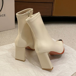 迪麗米迪 靴子女秋冬粗跟金屬方頭短靴女2025新款爆款高跟瘦瘦靴