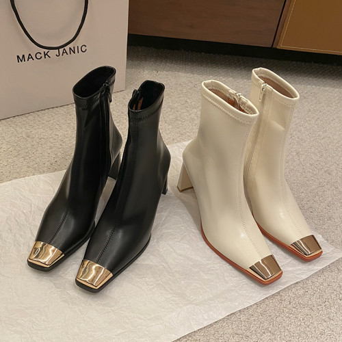 迪麗米迪 靴子女秋冬粗跟金屬方頭短靴女2025新款爆款高跟瘦瘦靴