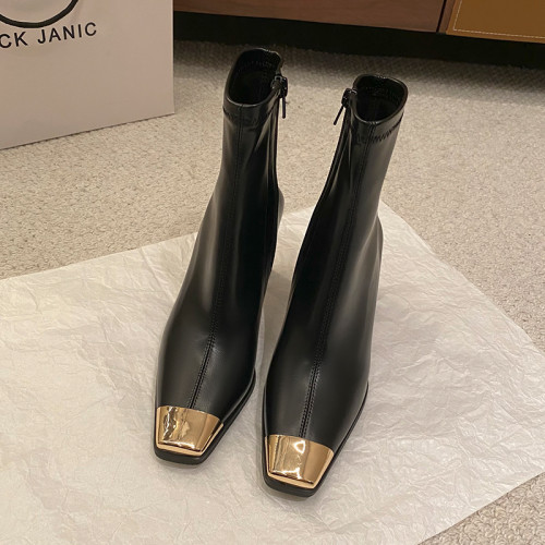 迪麗米迪 靴子女秋冬粗跟金屬方頭短靴女2025新款爆款高跟瘦瘦靴