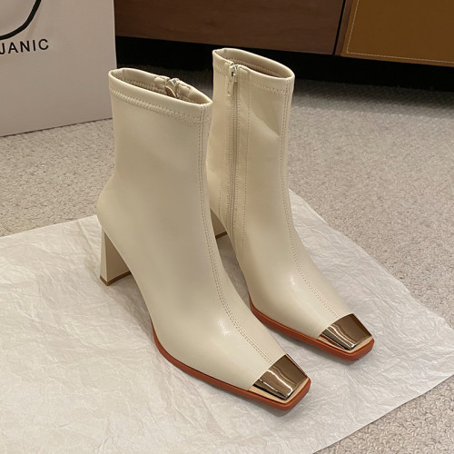 迪麗米迪 靴子女秋冬粗跟金屬方頭短靴女2025新款爆款高跟瘦瘦靴