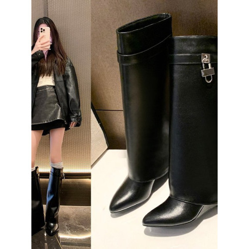 歐美辣妹不過膝高筒靴女2025冬季新款尖頭坡跟金屬釦大筒圍褲琯靴