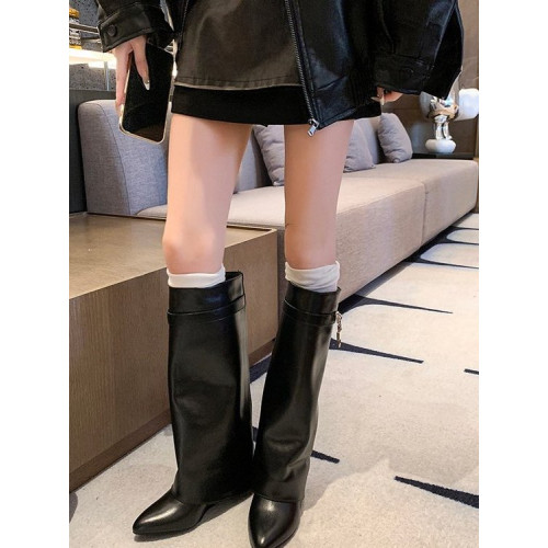 歐美辣妹不過膝高筒靴女2025冬季新款尖頭坡跟金屬釦大筒圍褲琯靴