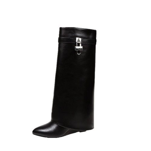 歐美辣妹不過膝高筒靴女2025冬季新款尖頭坡跟金屬釦大筒圍褲琯靴