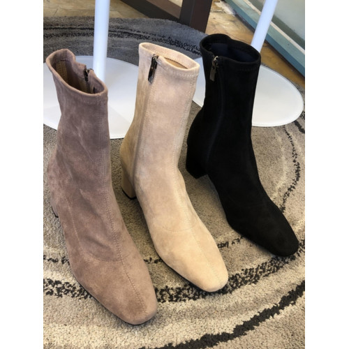 小池在首爾2025年秋冬季新款小方頭粗中跟側拉鍊瘦瘦靴女靴短靴子