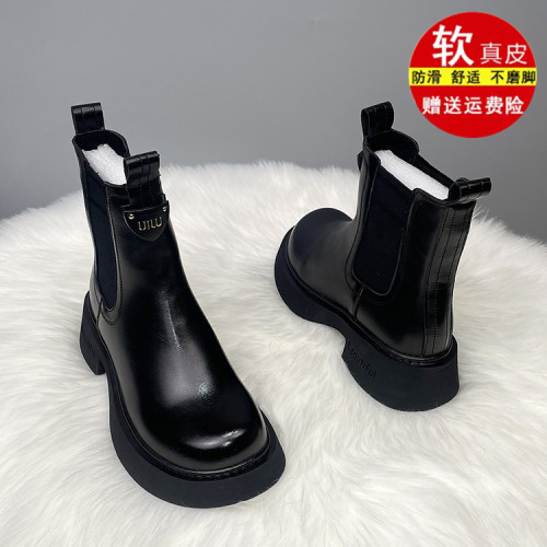 切爾西短靴女2025秋冬季新款加絨厚底休閒英倫風套筒真皮馬丁靴子