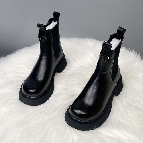 切爾西短靴女2025秋冬季新款加絨厚底休閒英倫風套筒真皮馬丁靴子