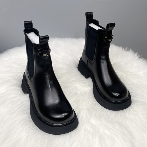 切爾西短靴女2025秋冬季新款加絨厚底休閒英倫風套筒真皮馬丁靴子