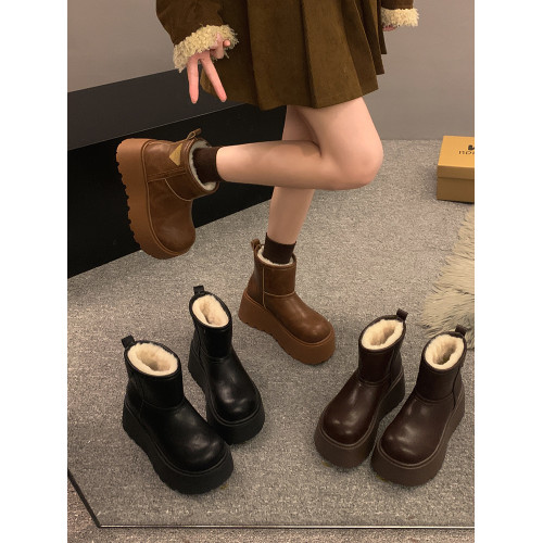 賈不假雪地靴女2026春季新款小個子皮毛一體厚底短靴增高保暖棉靴