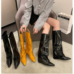 坡跟褲筒靴高跟靴子長靴女歐美辣妹高筒靴尖頭黑色漆皮褲琯靴炸街