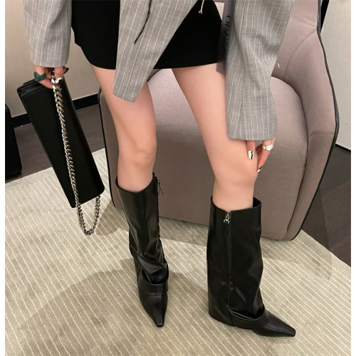 坡跟褲筒靴高跟靴子長靴女歐美辣妹高筒靴尖頭黑色漆皮褲琯靴炸街