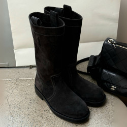 牛皮版~韓方圓頭絨面西部靴秋冬新款粗跟軟底舒適休閒套筒中筒靴