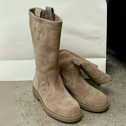 牛皮版~韓方圓頭絨面西部靴秋冬新款粗跟軟底舒適休閒套筒中筒靴