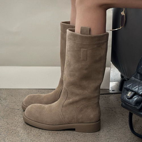 牛皮版~韓方圓頭絨面西部靴秋冬新款粗跟軟底舒適休閒套筒中筒靴