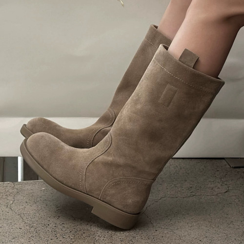 牛皮版~韓方圓頭絨面西部靴秋冬新款粗跟軟底舒適休閒套筒中筒靴