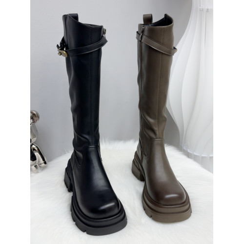 胖妹妹英倫風側拉鍊真皮長靴厚底防水台加絨保暖高筒騎士靴小個子