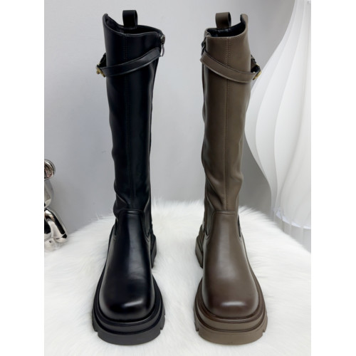 胖妹妹英倫風側拉鍊真皮長靴厚底防水台加絨保暖高筒騎士靴小個子