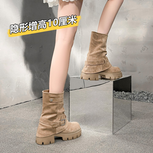 內增高廢土風馬丁靴女加絨2025新款粗跟顯瘦絨面褲琯褶皺堆堆短靴