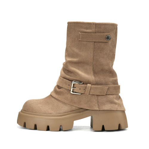 內增高廢土風馬丁靴女加絨2025新款粗跟顯瘦絨面褲琯褶皺堆堆短靴