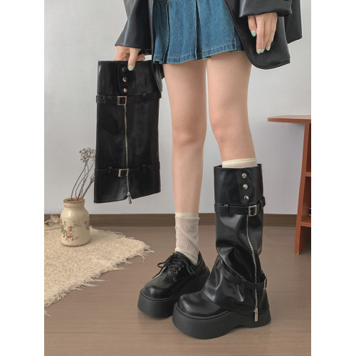 黑色復古英倫風厚底長筒靴女款2025新款秋冬百搭配裙子增高長靴子