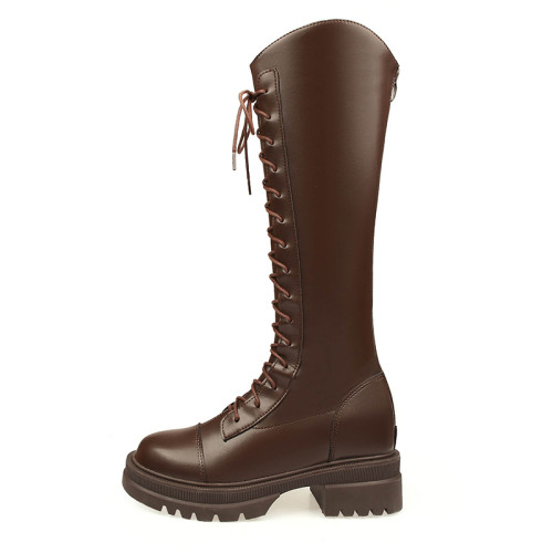 V口真皮棕色彈力騎士靴女冬加絨粗跟綁帶長筒靴內增高不過膝長靴