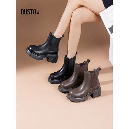 大東厚底菸筒靴女款2026新款秋冬加絨百搭粗跟短靴黑色切爾西女靴