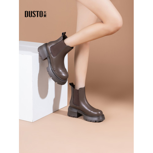 大東厚底菸筒靴女款2026新款秋冬加絨百搭粗跟短靴黑色切爾西女靴