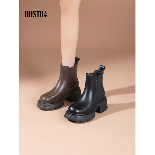 大東厚底菸筒靴女款2026新款秋冬加絨百搭粗跟短靴黑色切爾西女靴