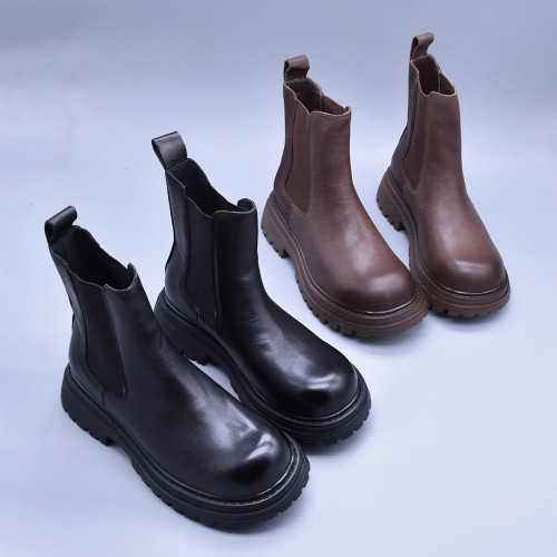 清~輕便百搭顯瘦真皮厚底切爾西靴女英倫氣質水洗頭層牛皮菸筒靴