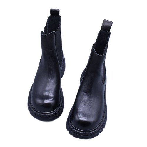 清~輕便百搭顯瘦真皮厚底切爾西靴女英倫氣質水洗頭層牛皮菸筒靴