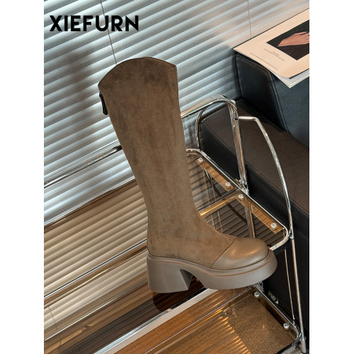 XIEFURN/鞋夫人秋冬顯瘦過膝長筒靴厚底粗跟辣妹風菸筒靴
